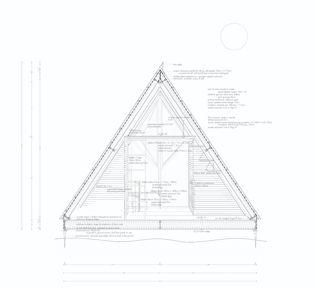 Section illustrating the A-frame structure and vertically organized sleeping spaces within the modular shelter