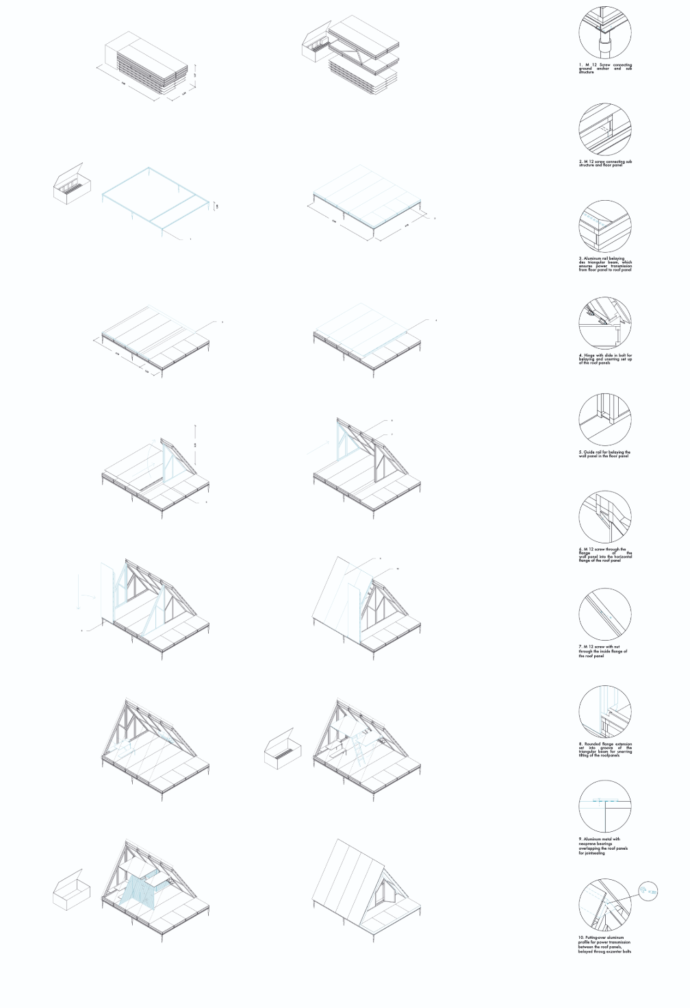 Step-by-step assembly sequence showing how Fold Bunk unfolds from a transportable package into a complete shelter