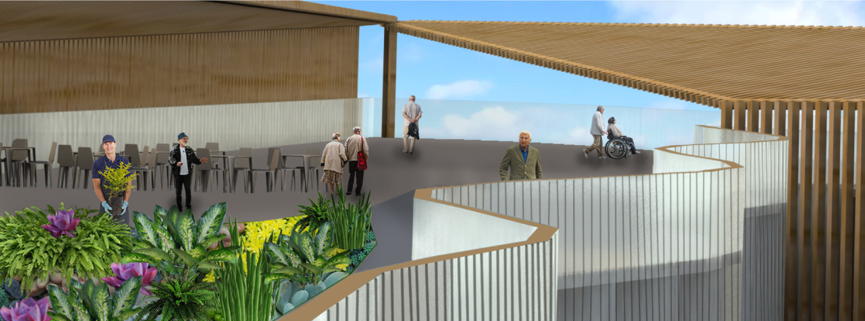 Accessible rooftop terrace designed for social interaction and relaxation.