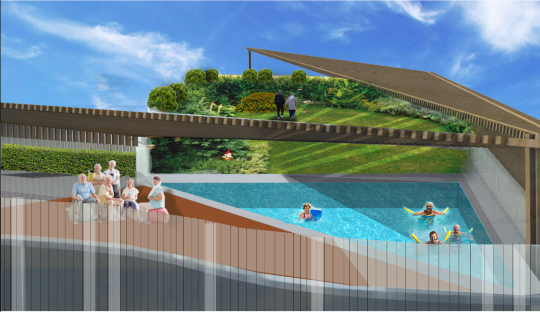 Rooftop swimming and garden spaces supporting recreation and wellness.