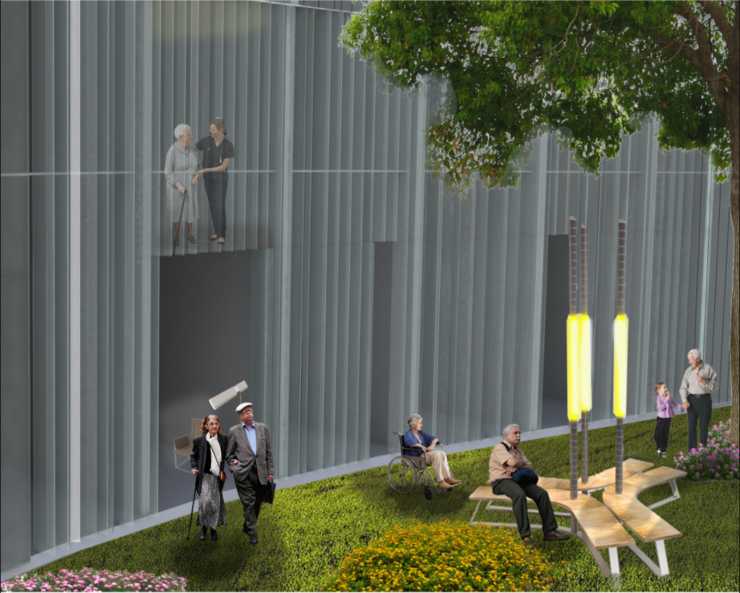 Landscaped outdoor seating area designed for rest, accessibility, and community interaction.