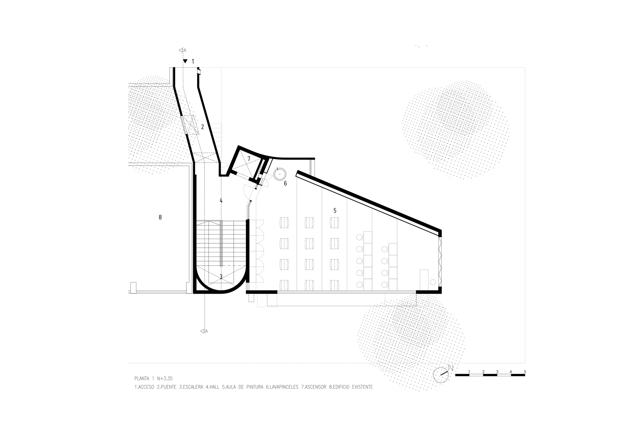 Floor plan drawing showing a curved stair volume and sloped assembly hall with surrounding landscape