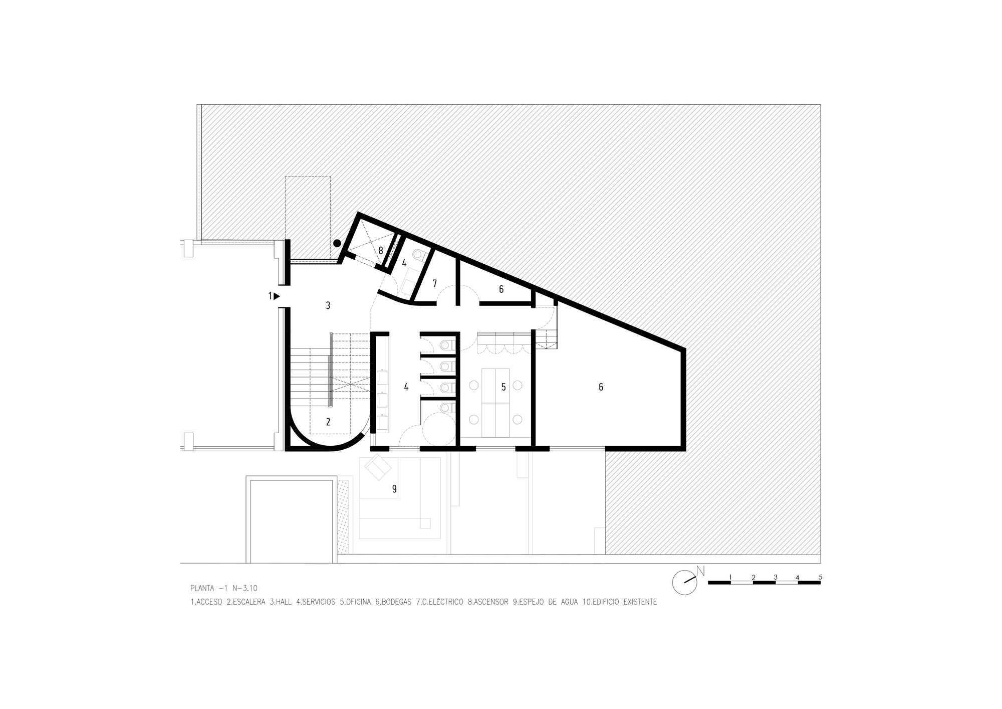 Upper floor plan drawing showing corridor with curved stair and large terrace area