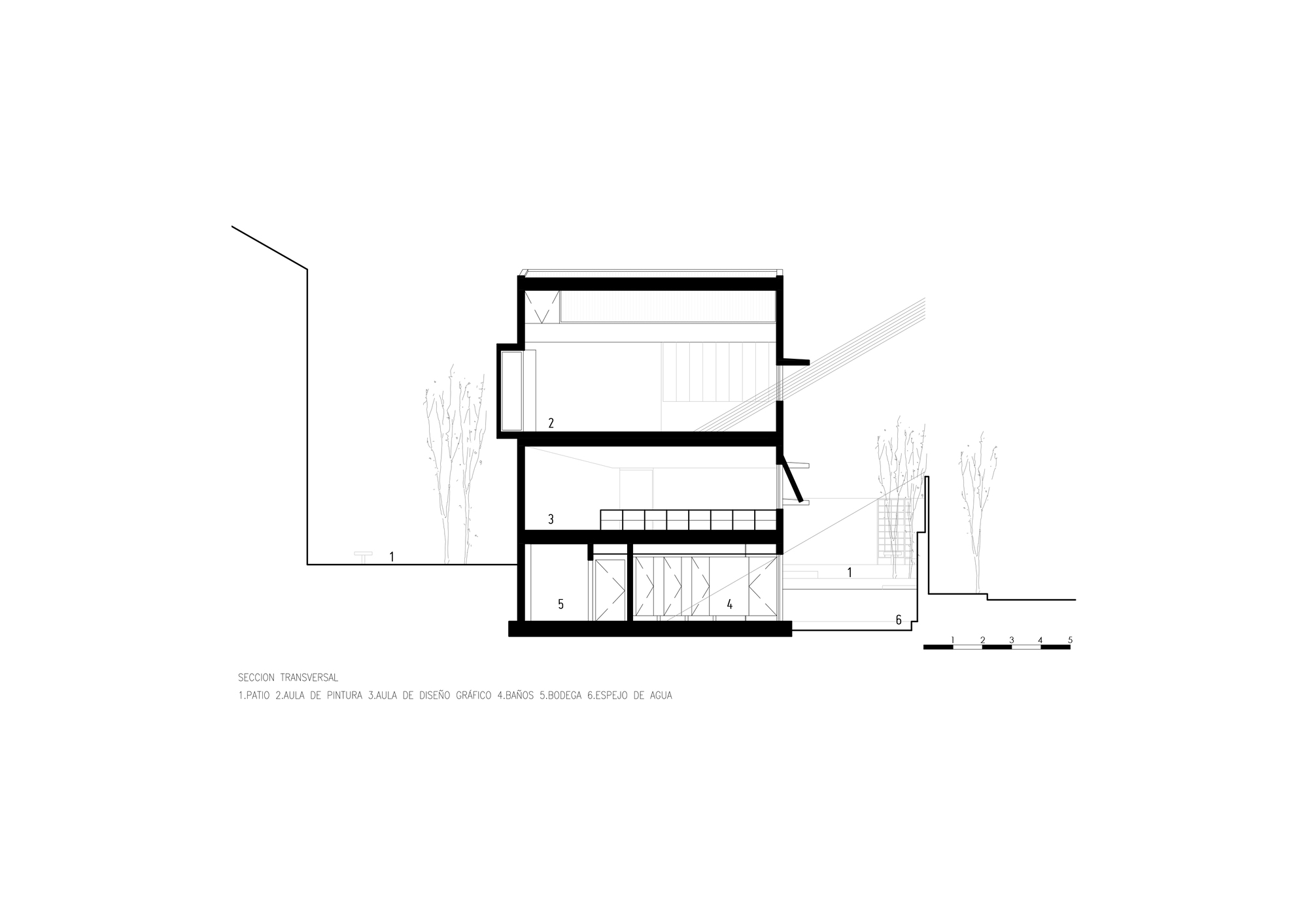 Transverse section drawing revealing three-level interior with sloped roof and adjacent trees