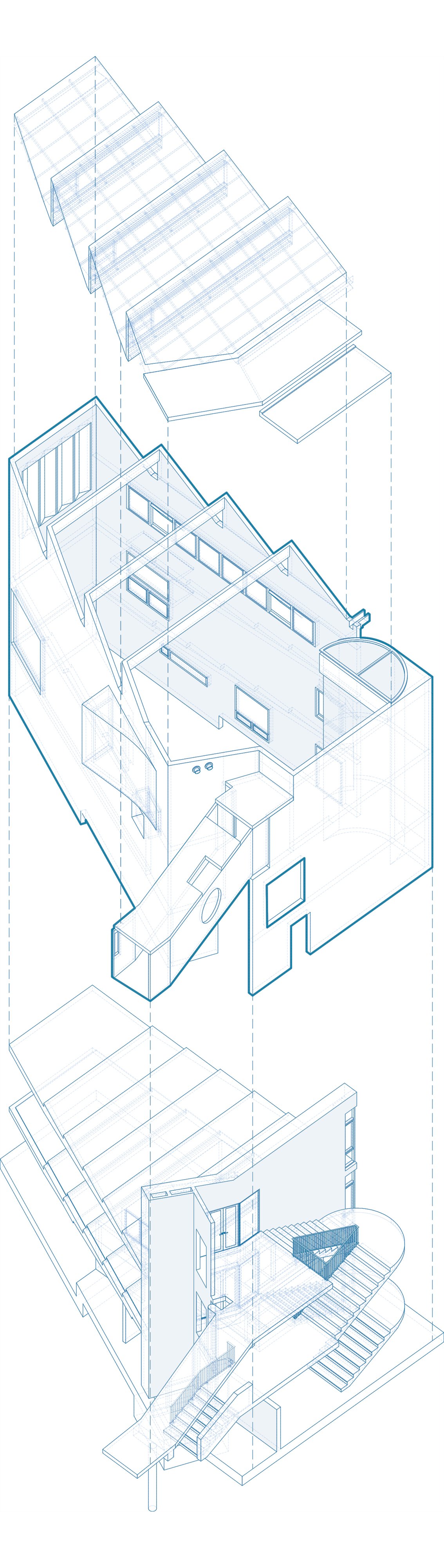 Exploded axonometric drawing displaying stacked floor levels and sloped roof assembly
