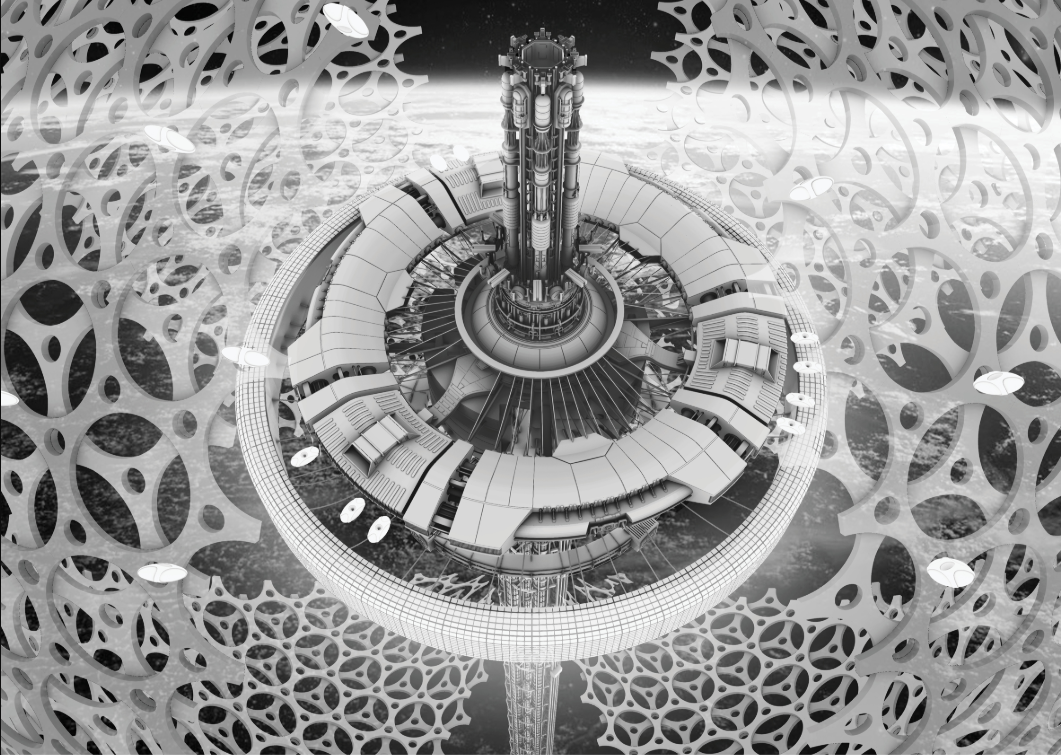 STELLAR-1 orbital habitat enclosed by a dandelion-inspired porous protective shell.