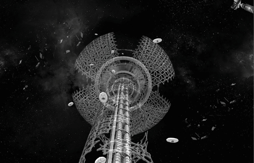 Space elevator rising into the orbital colony beneath its expansive stellar shell system.