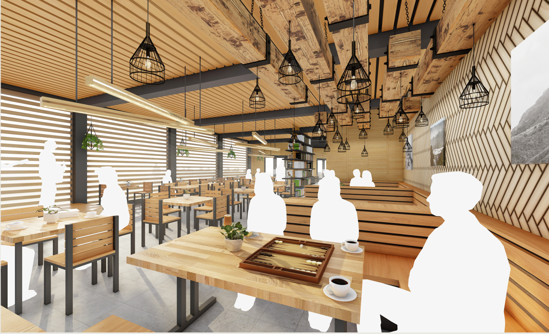 Open dining area with long tables, booth seating, pendant lights, and linear wood detailing across the ceiling and walls.