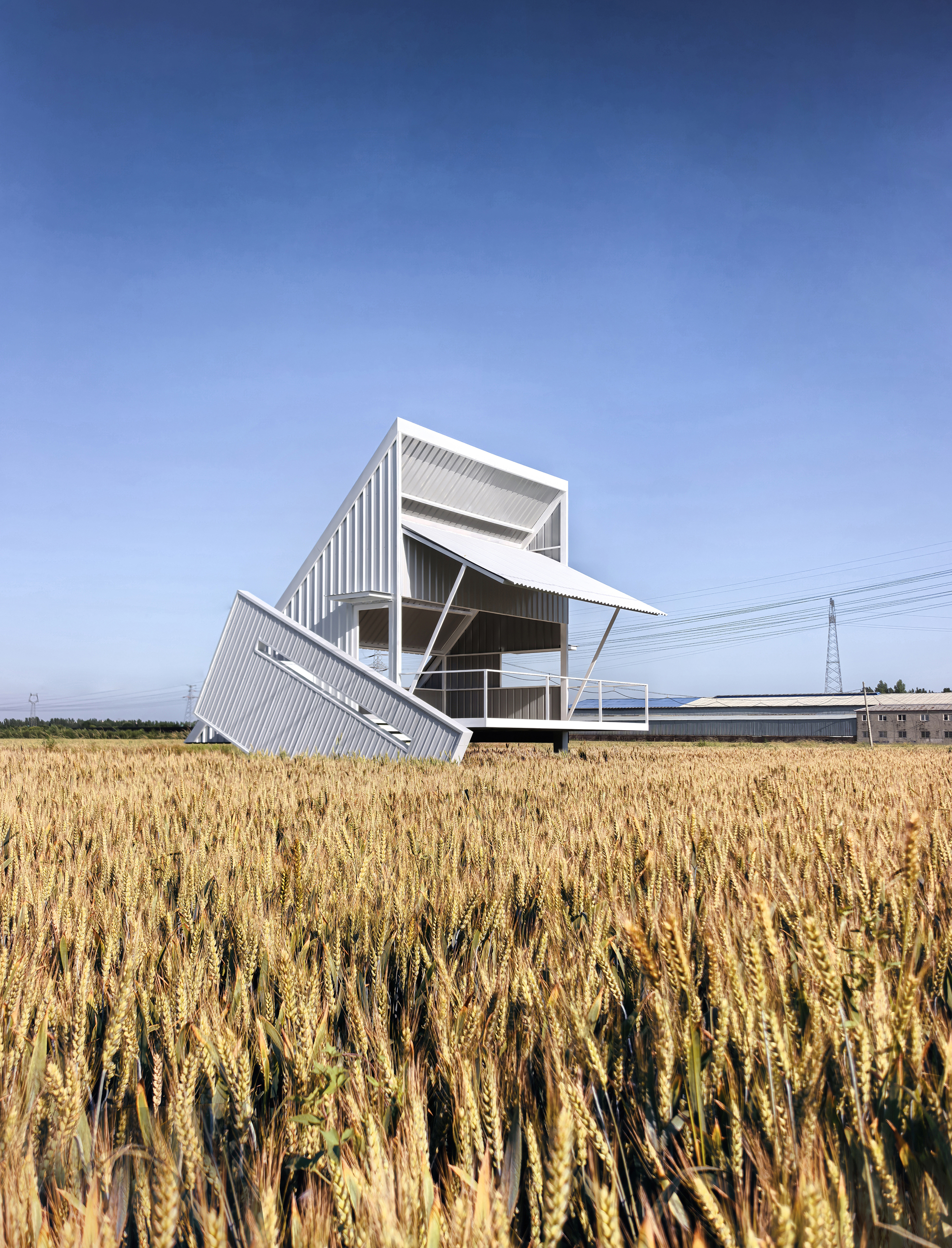 White corrugated metal structure with tilted roof planes rising above a harvested wheat field