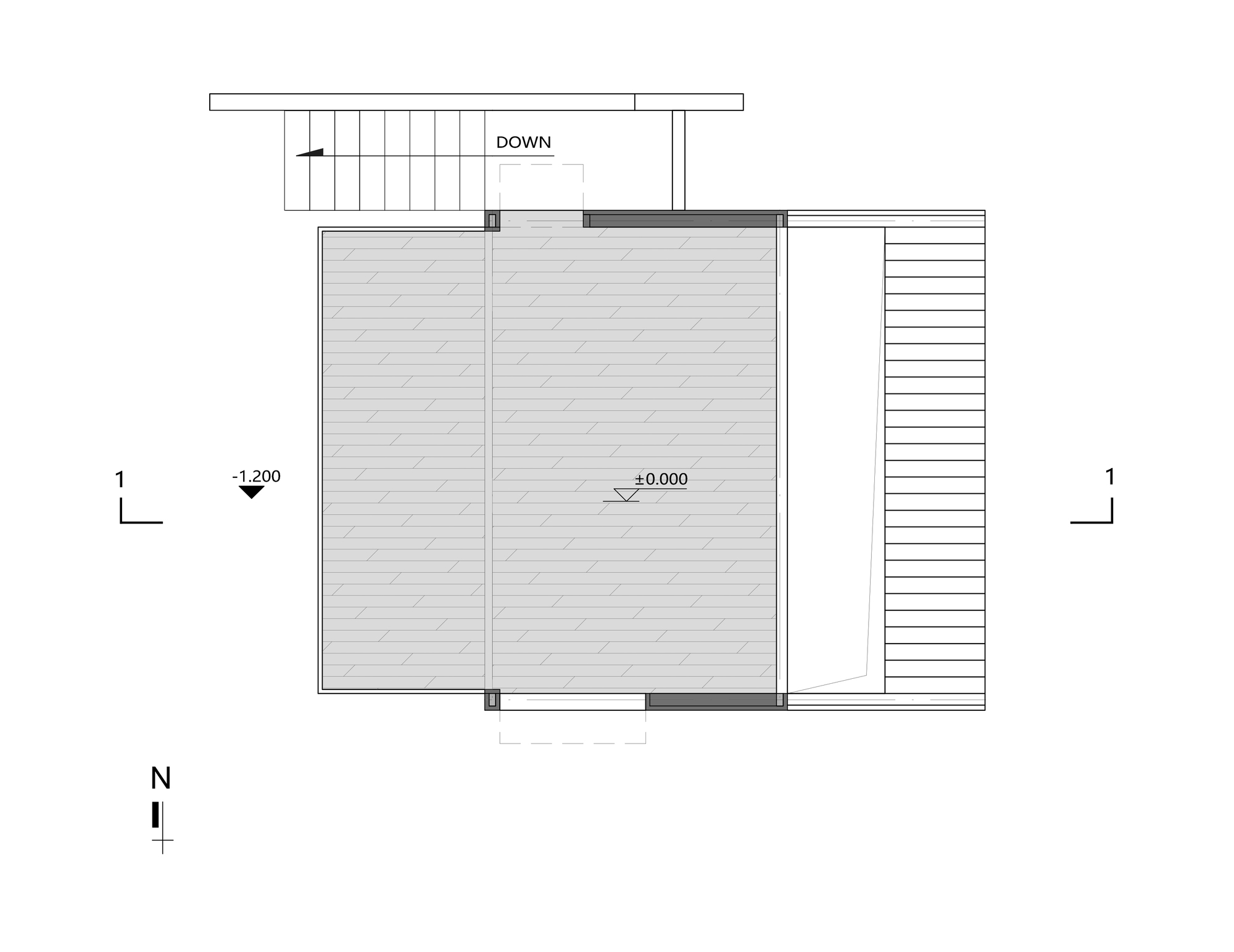 Floor plan drawing showing a square volume with adjacent stair and decking areas