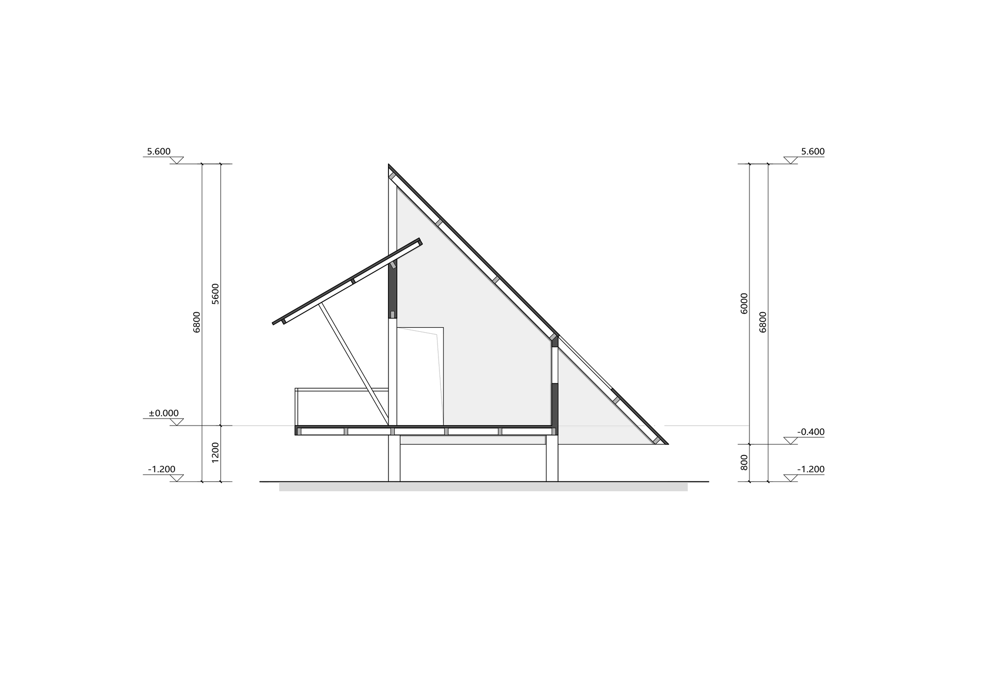 Section drawing revealing the steeply pitched roof and split-level interior volumes