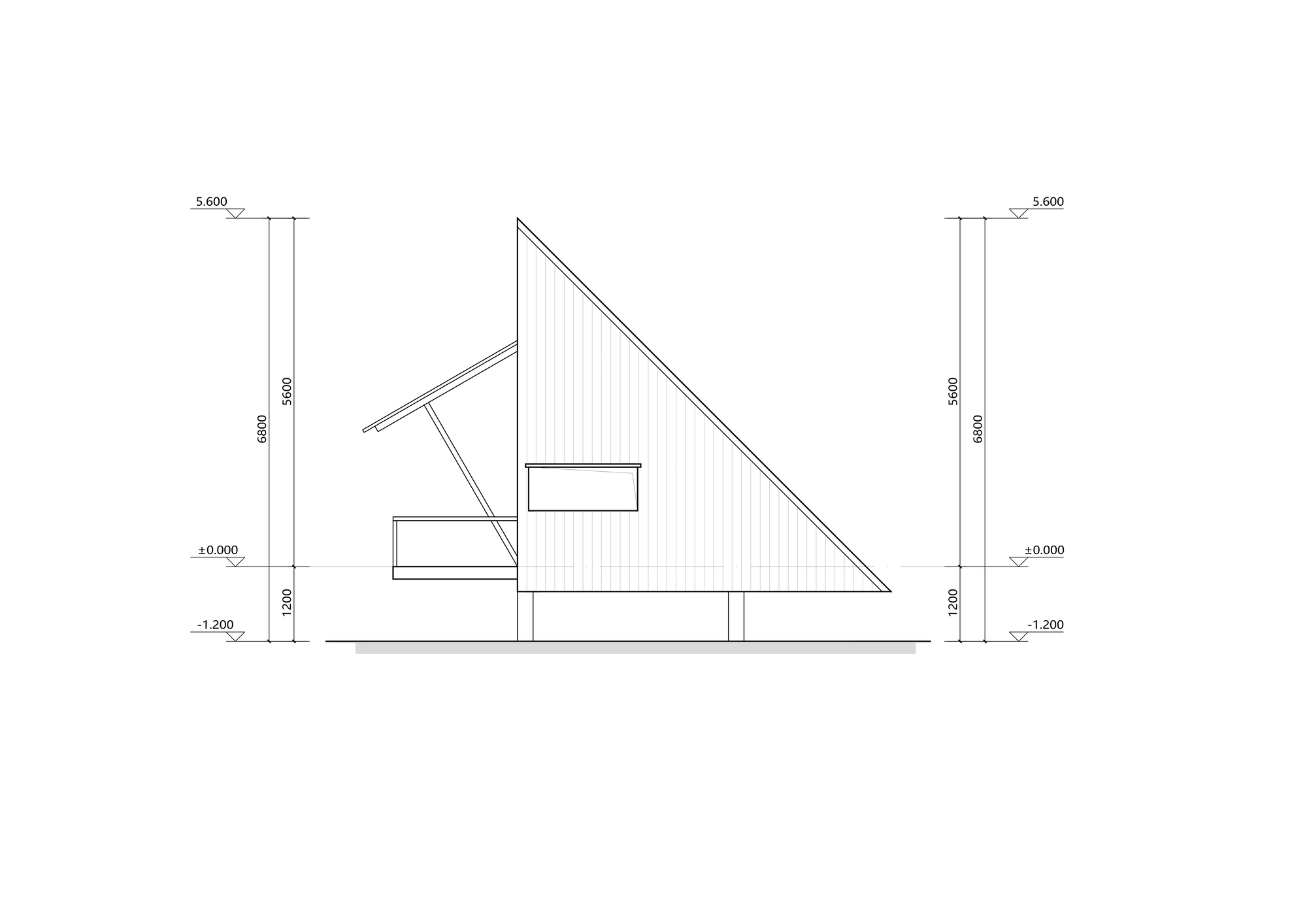 Elevation drawing showing the triangular gabled facade with horizontal cladding and cantilevered entry canopy