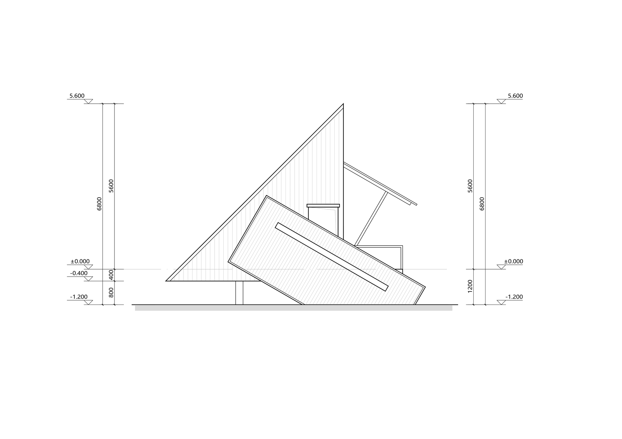 Elevation drawing depicting three interlocking triangular roof planes tilting in different directions