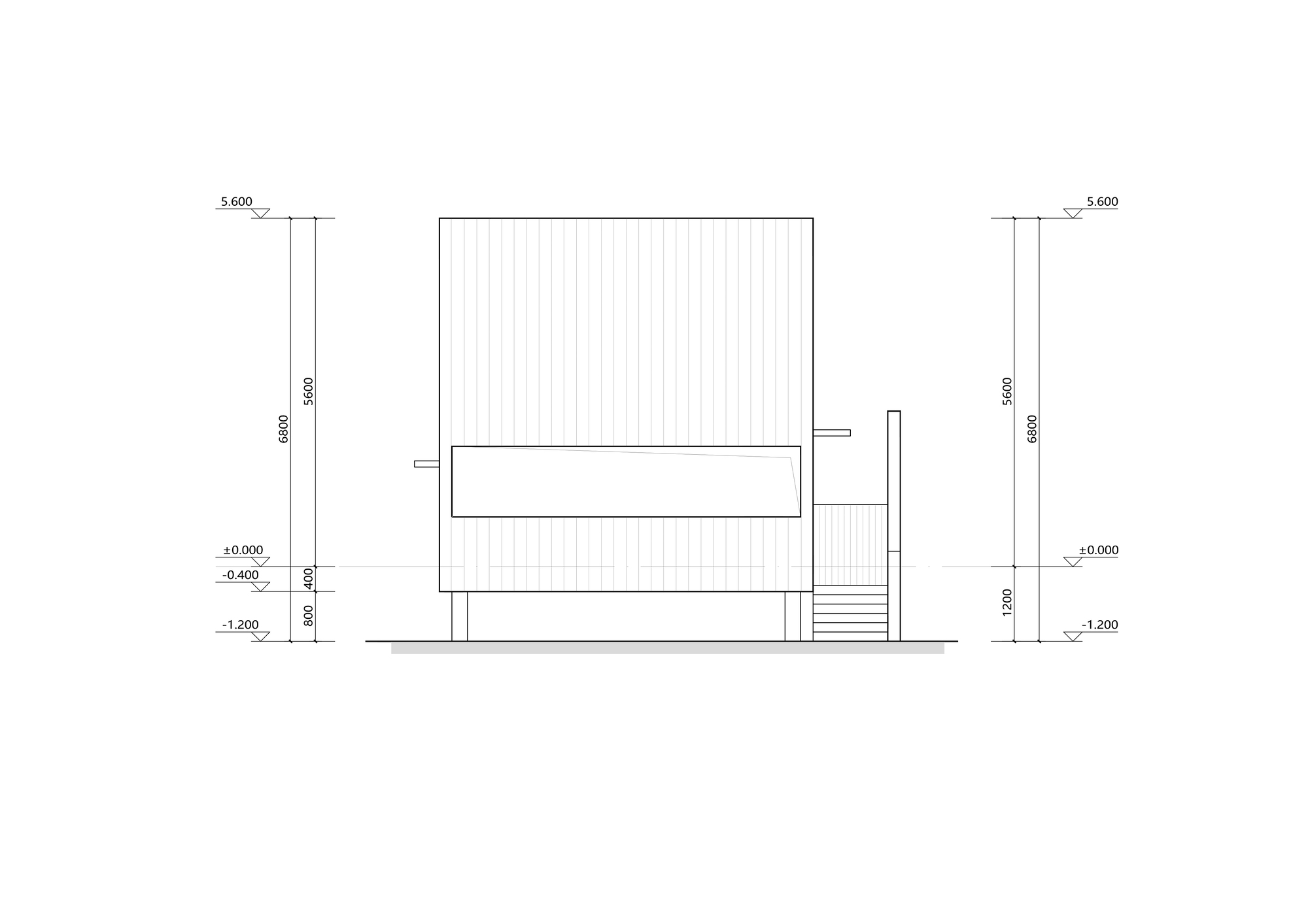Elevation drawing showing stacked rectangular volumes with vertical cladding and an exterior stair