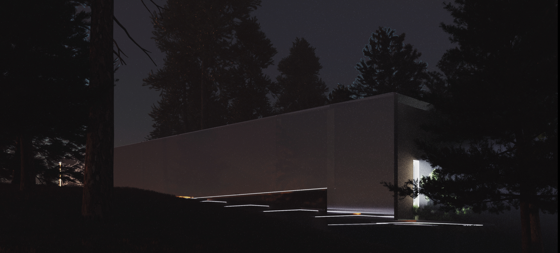 A monolithic cinema volume emerges quietly within the dark forest landscape, guided by subtle linear lighting.