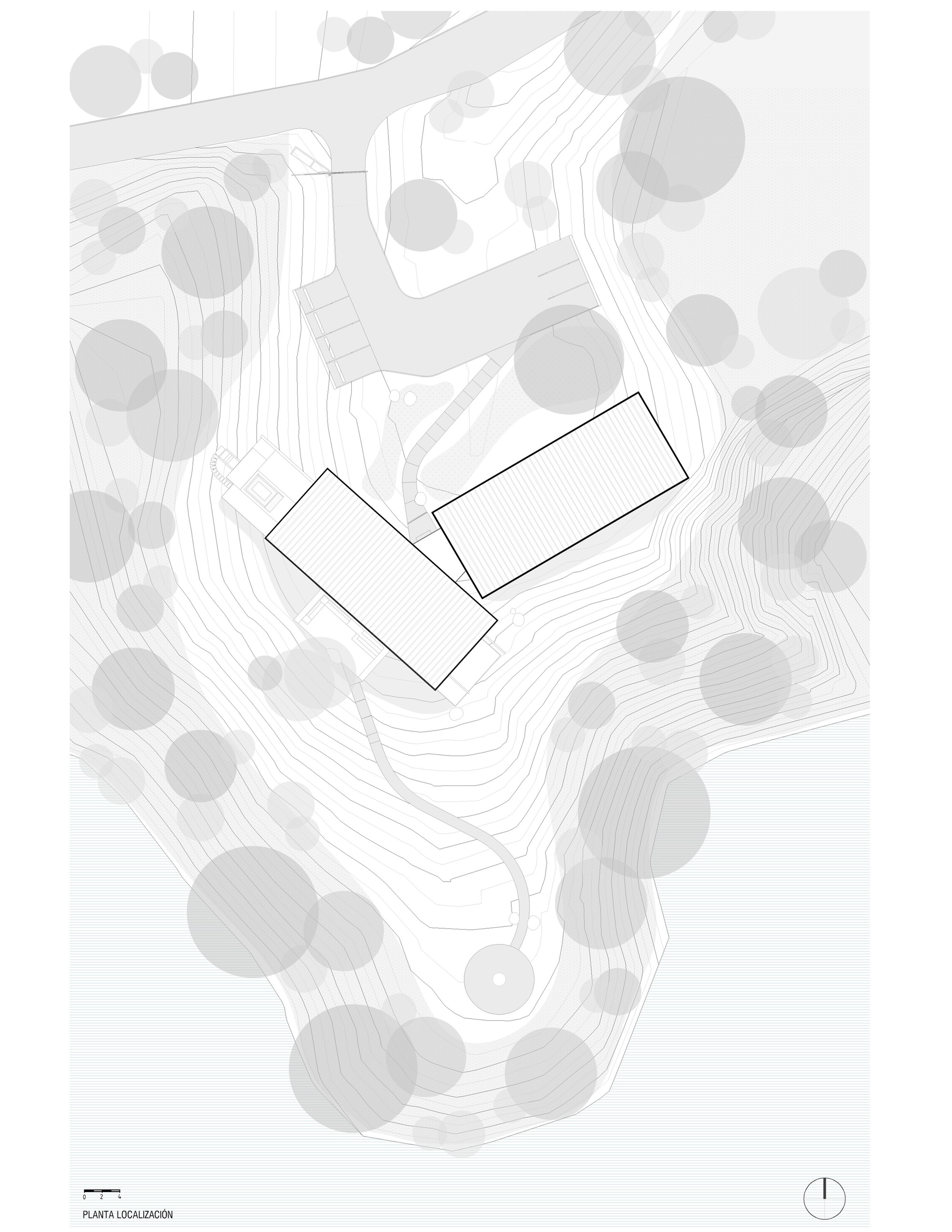 Site plan drawing showing two angled rectangular volumes set among trees on sloping contoured terrain