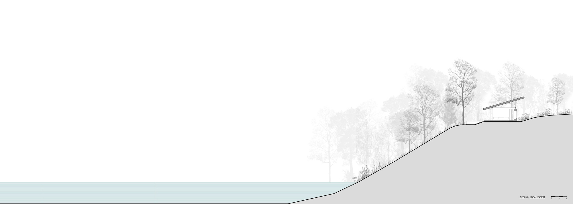 Section drawing revealing a structure set into a sloping site with bare trees above the roofline