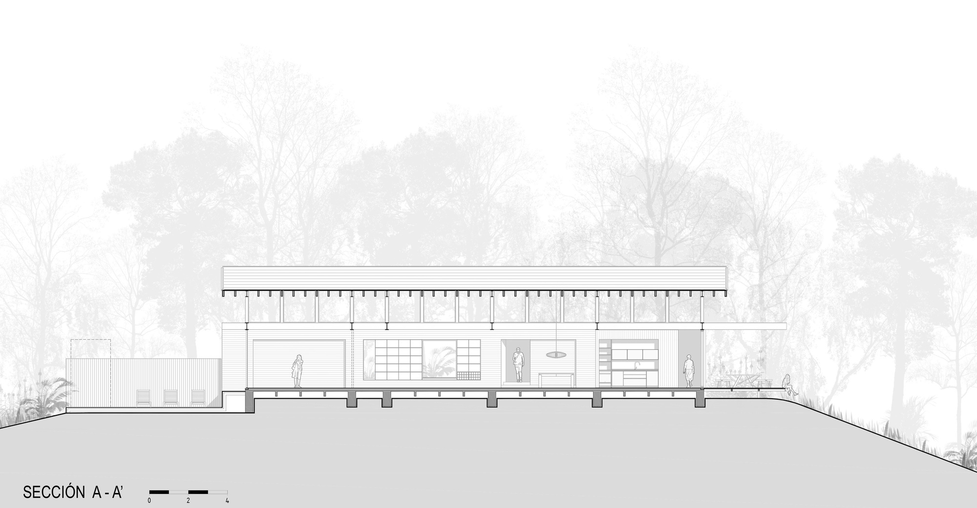Section drawing showing a pavilion with an overhanging flat roof and columnar supports on sloped ground
