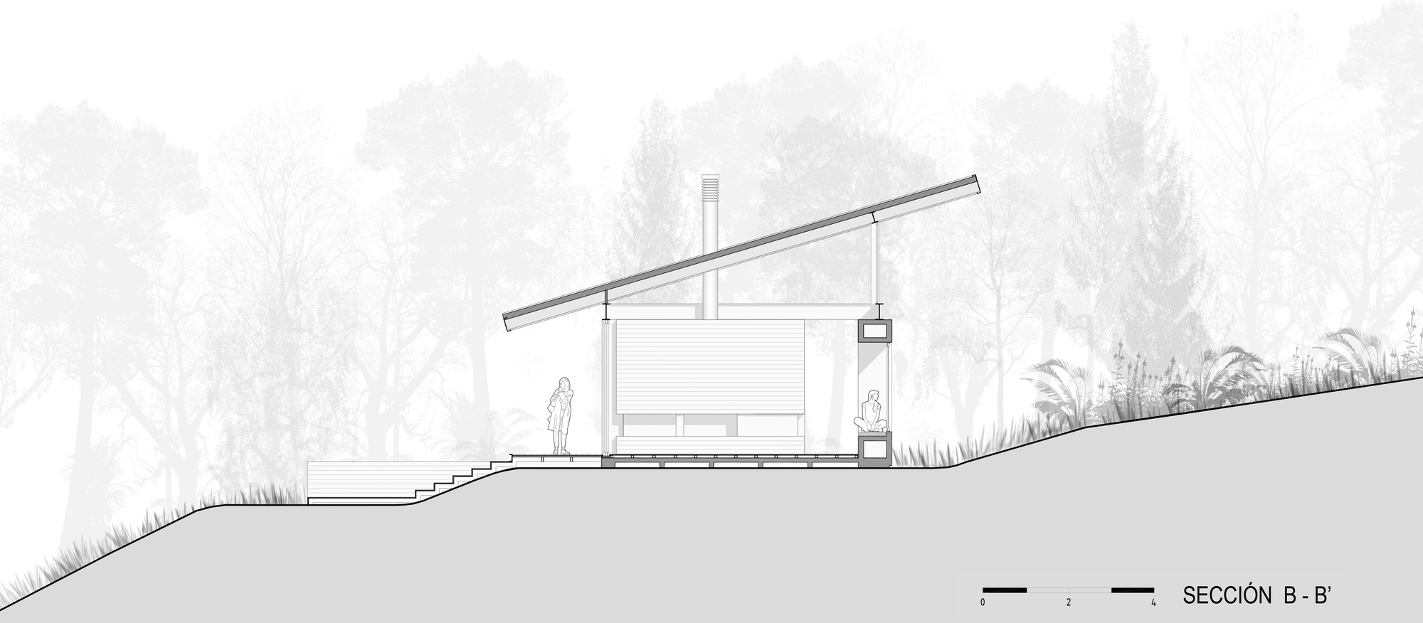 Section drawing depicting a volume with a slanted roof and entrance stair on a hillside with grasses
