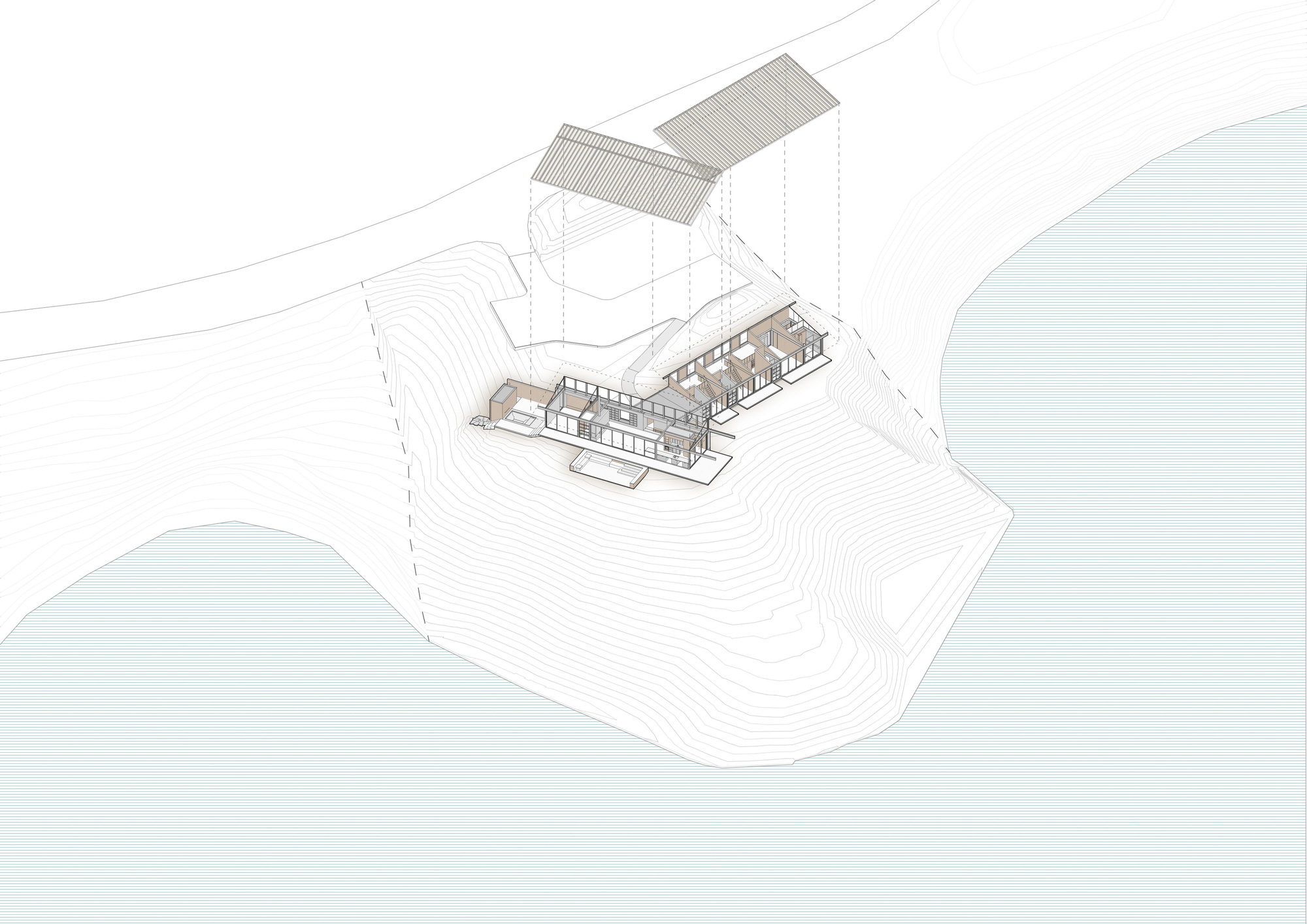 Axonometric drawing showing a rectangular building with exposed interior layout on a sloping contoured site near water