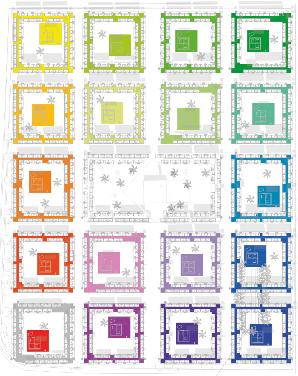 Color-coded master plan organizing residential courtyards through a spectrum-based memory and wayfinding system.