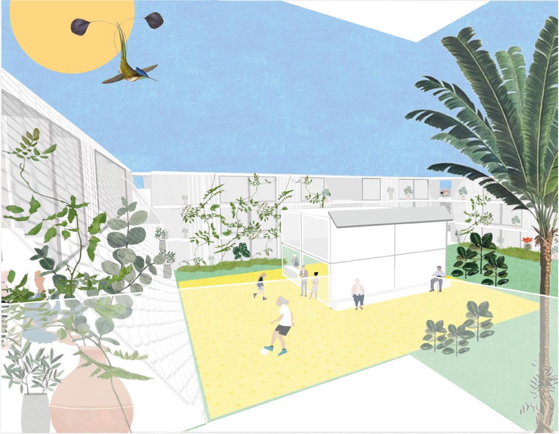 A vibrant internal courtyard combines greenery, recreation, and shared spaces to encourage social interaction among residents.