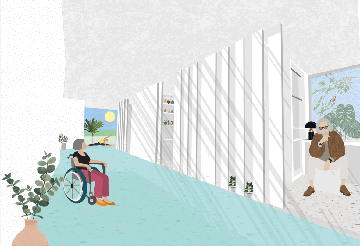 Accessible circulation is designed with generous pathways, natural light, planting, and direct connections to private rooms.