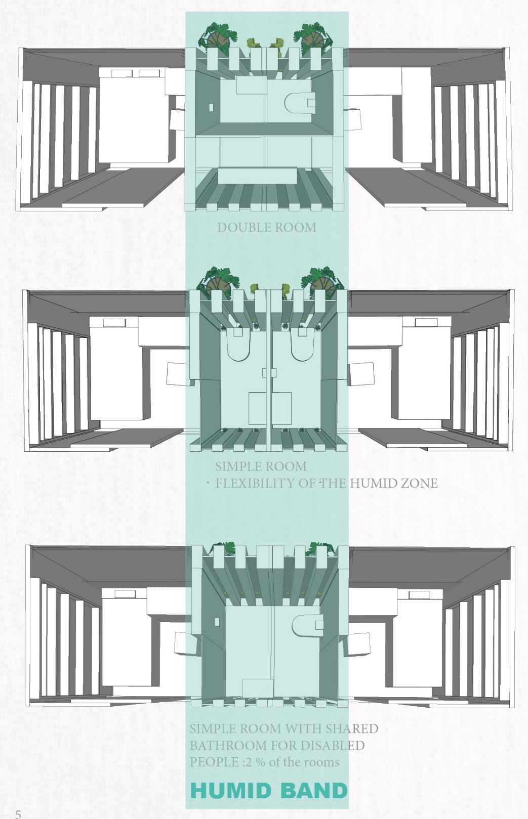Flexible room typologies include double, single, and accessible configurations designed for changing mobility and privacy needs