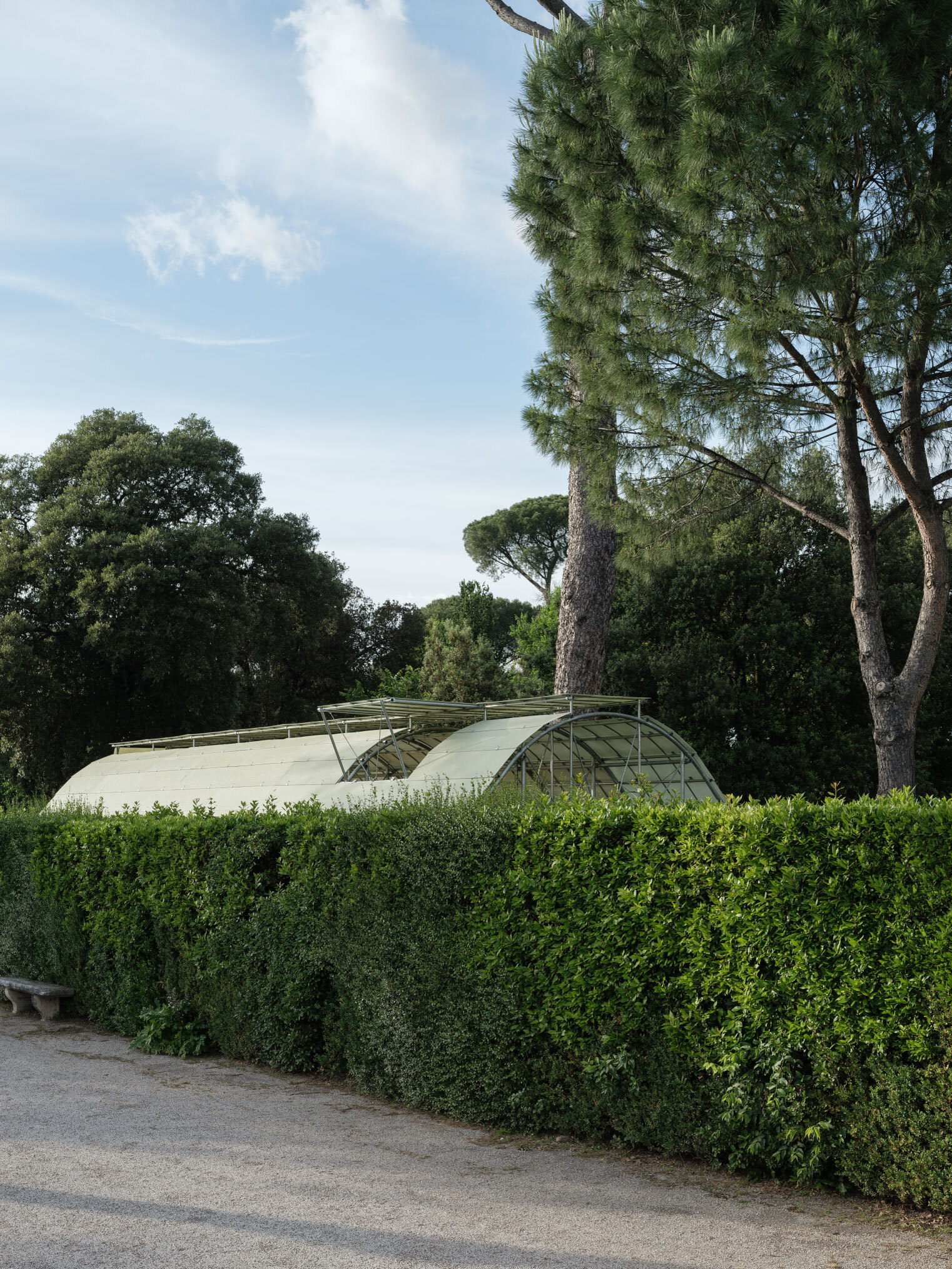 Distant view of the curved canopy nestled among pine trees and clipped hedges under a clear sky