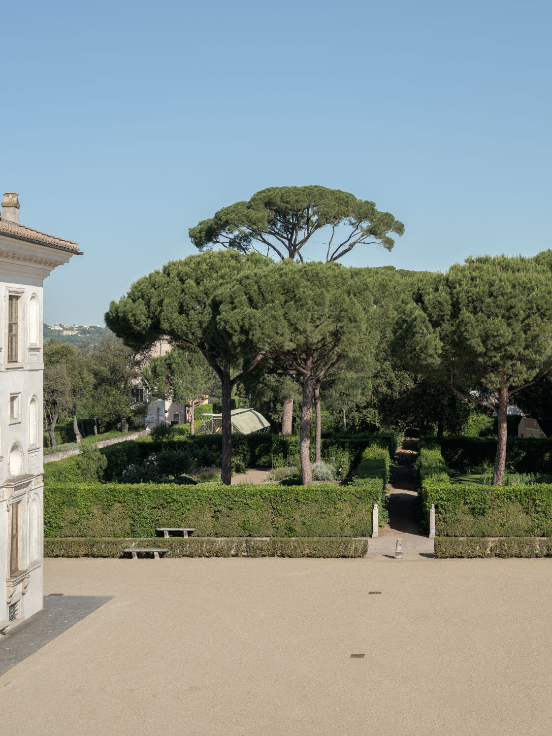 Gravel courtyard with stone paving bordered by trimmed hedges and umbrella pines beyond the villa