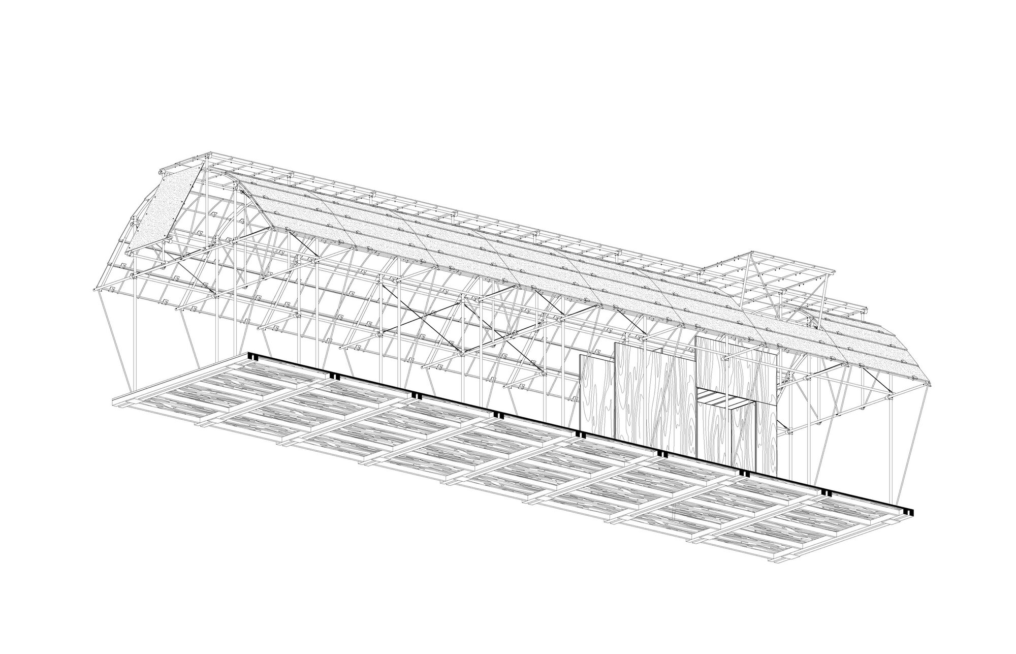 Isometric drawing of elongated pavilion with arched roof truss system and vertical cladding panels