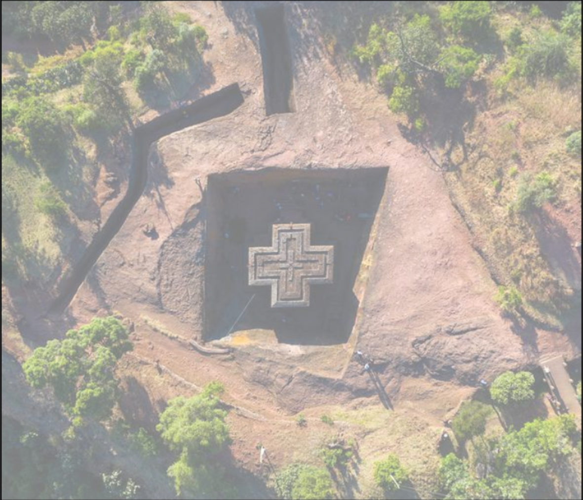 Aerial reference of Lalibela’s rock-hewn church, shaping the project’s underground sacred form.