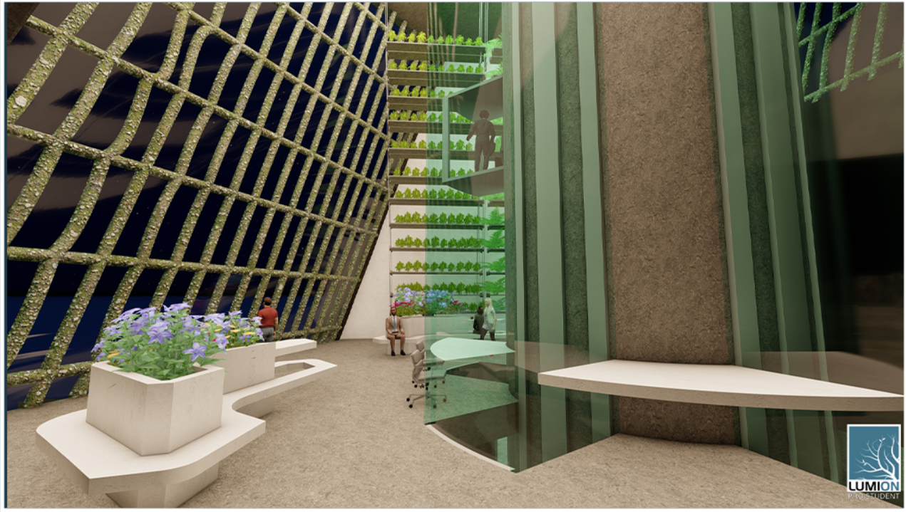 Interior space with diagonal grid ceiling, vertical hydroponic planting walls, and hexagonal planter boxes on terrazzo flooring