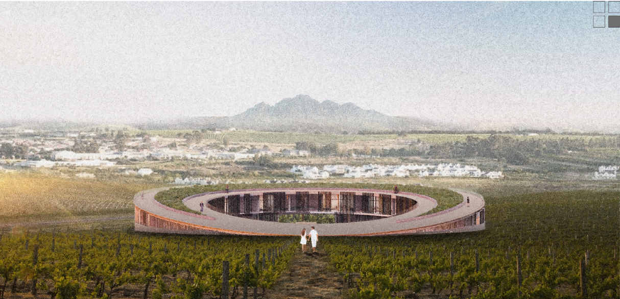Circular winery embedded within the vineyard, framing a central open atrium.