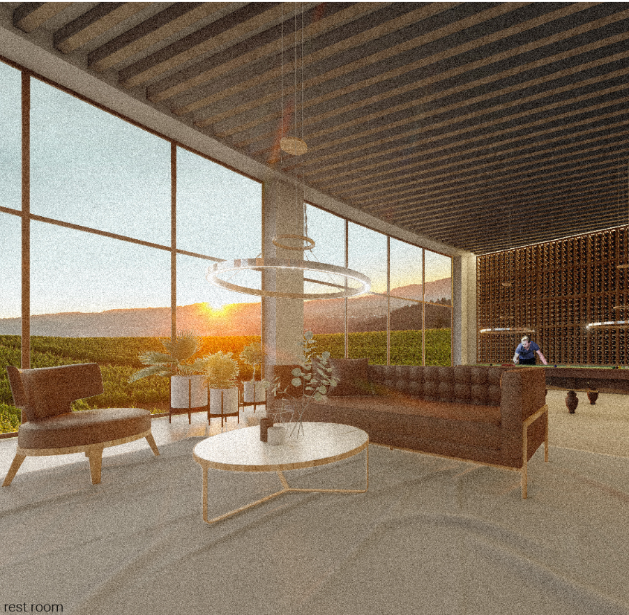 Warm rest room overlooking the vineyard through expansive floor-to-ceiling glazing.
