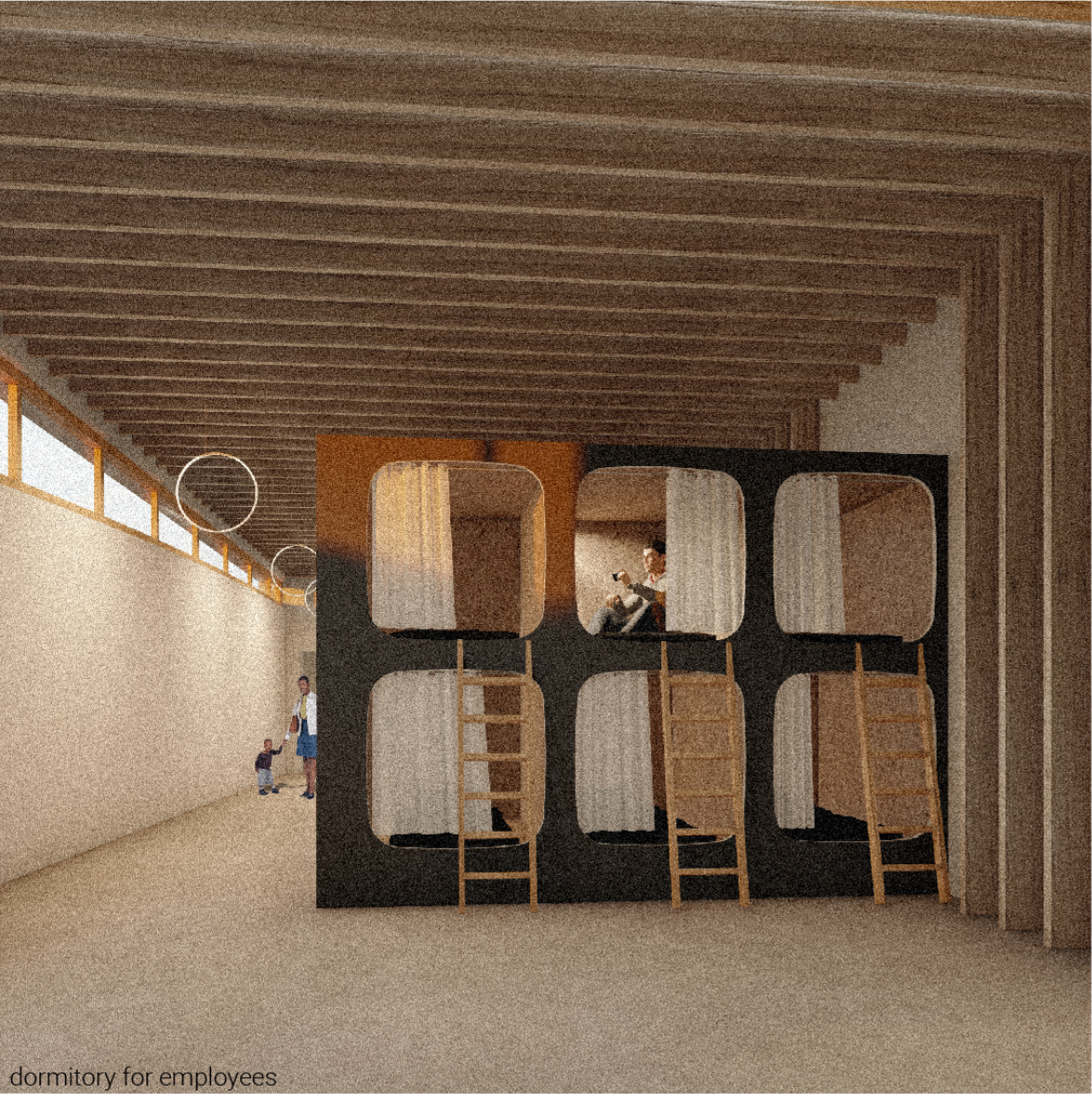 Compact employee dormitory pods arranged beneath the rhythmic structural ceiling.