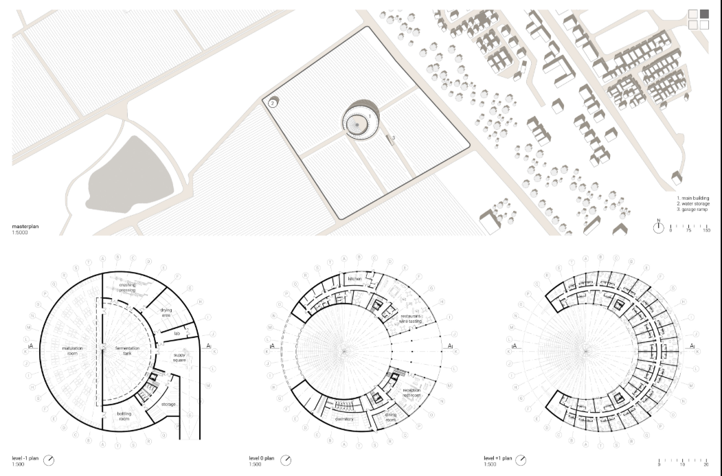 Masterplan and floor plans showing production, hospitality and accommodation around the central atrium.