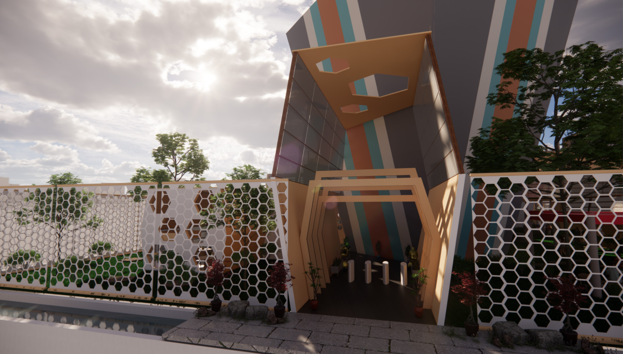 Honeycomb facade and angular entrance frame the project’s riverfront arrival experience.
