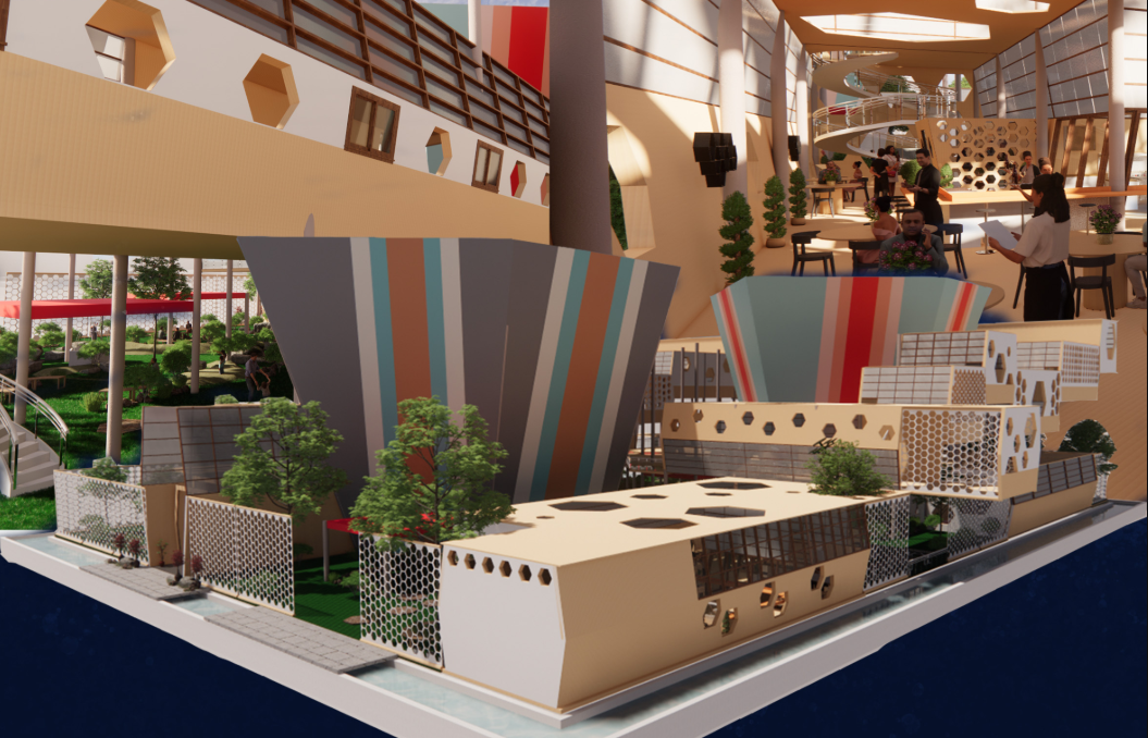 Layered view of The Flow showing cafe, studios, gardens, screens, and waterfront edge.