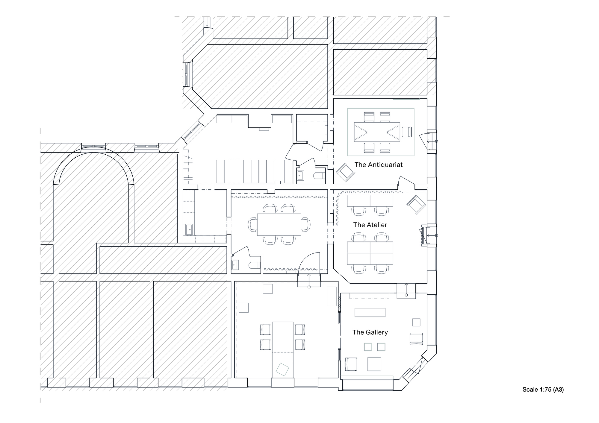 Floor plan drawing showing three gallery rooms with central stair and service areas