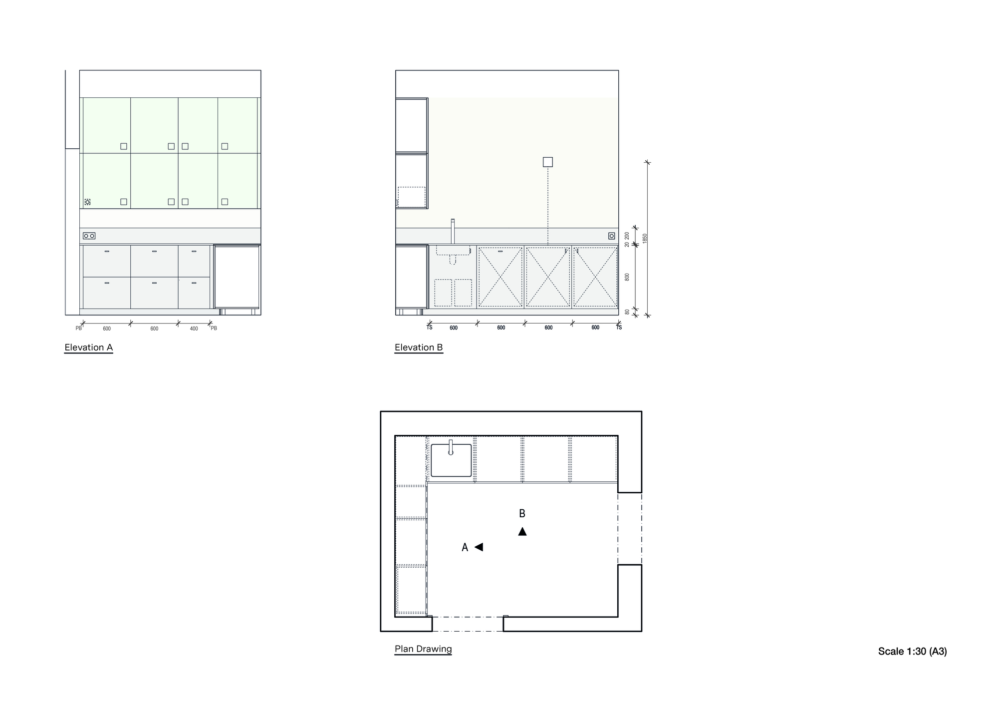 Elevation and plan drawings showing built-in cabinetry with upper glazed display and lower storage