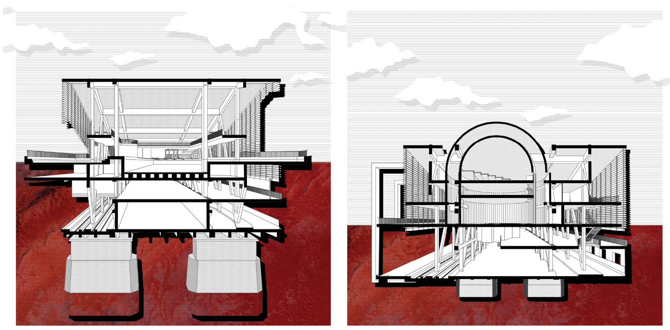 Red structural frames create a bold new identity along the historic bridge