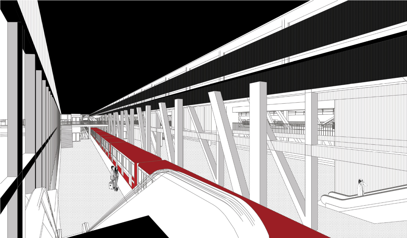 Public movement is organized through layered platforms, ramps and structural bays