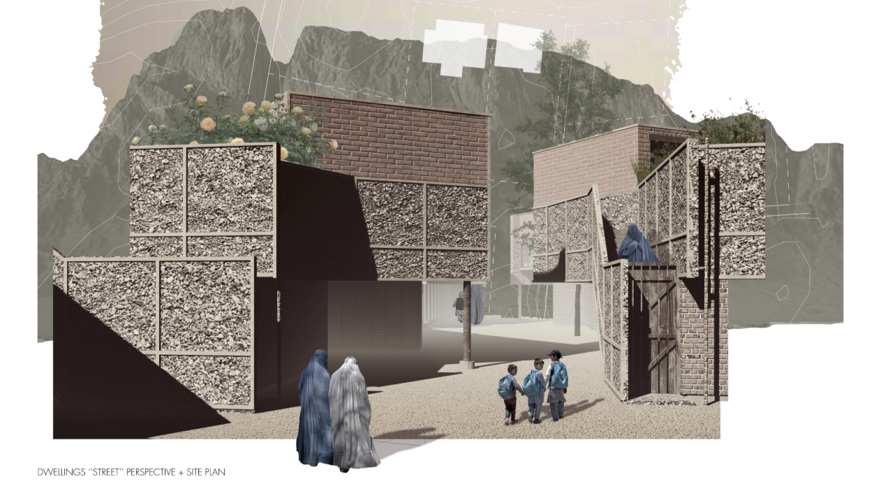 Clustered dwellings use brick and mineral-filled walls to create intimate streets, protected thresholds, and community interaction.