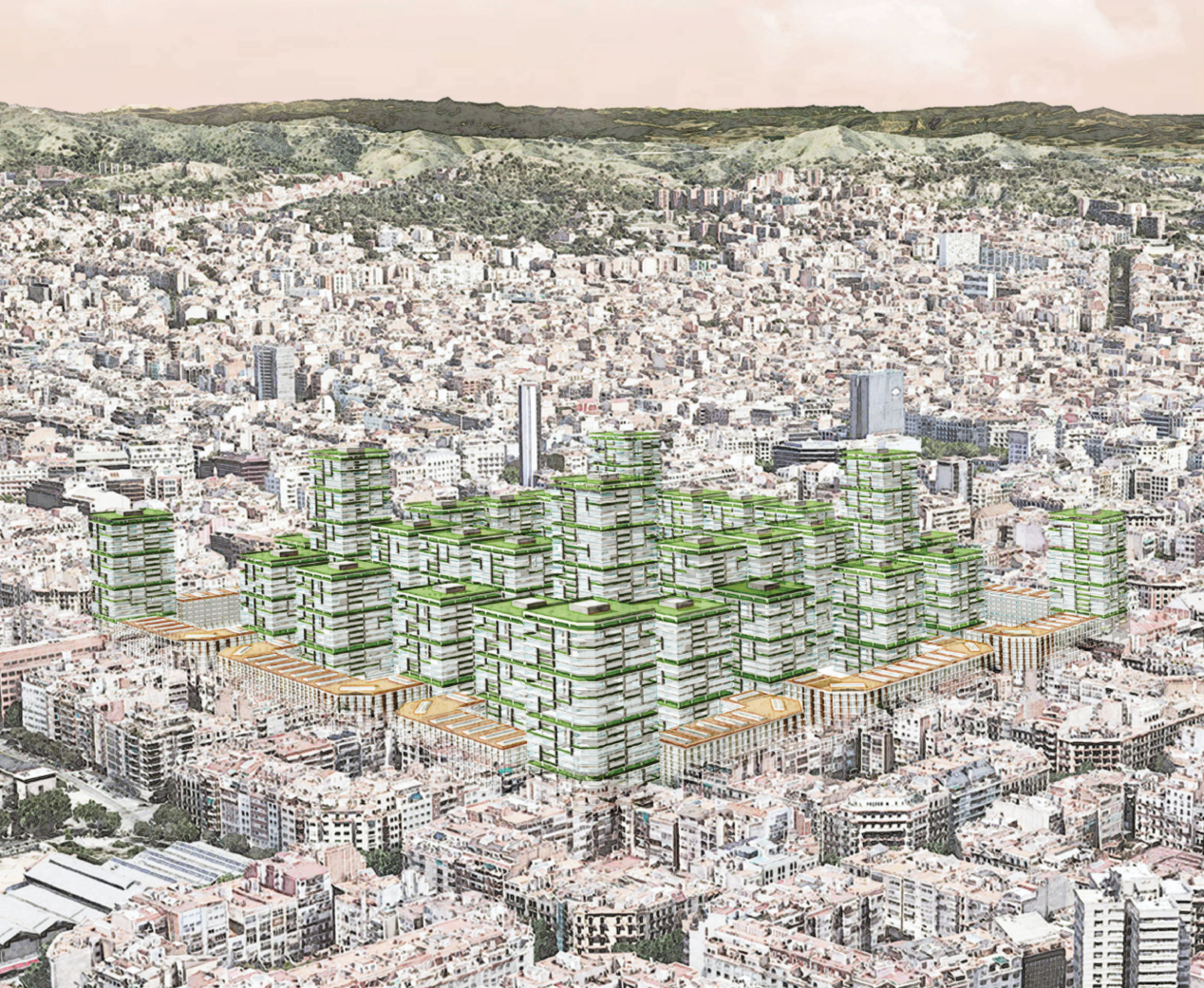 Rendered aerial view of clustered green-banded residential towers rising above a dense low-rise city block, with hills behind under a pink sky