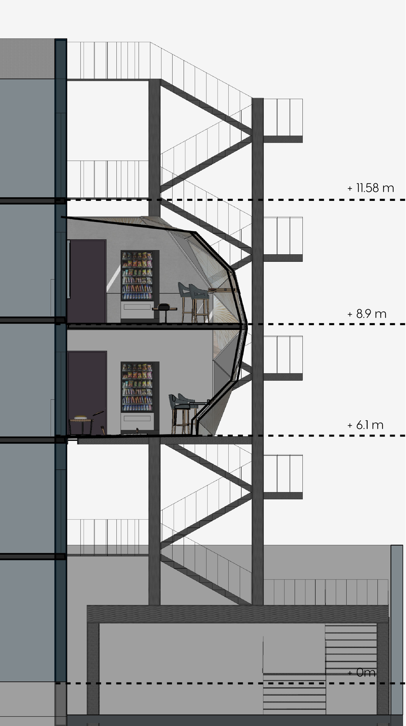 Section illustrating the two-level reading pod attached to the existing fire escape structure.