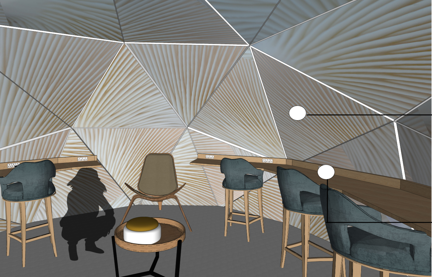 Quiet reading lounge featuring ergonomic seating, integrated workstations, and the responsive facade interior.