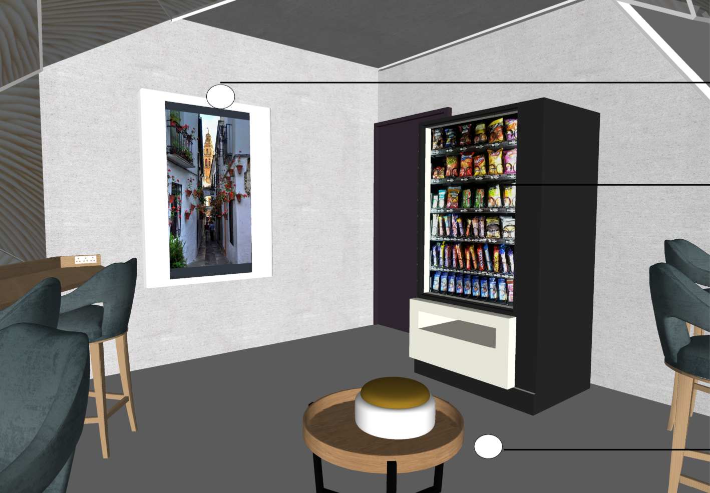 Compact relaxation space with vending amenities designed to support extended reading and work sessions.