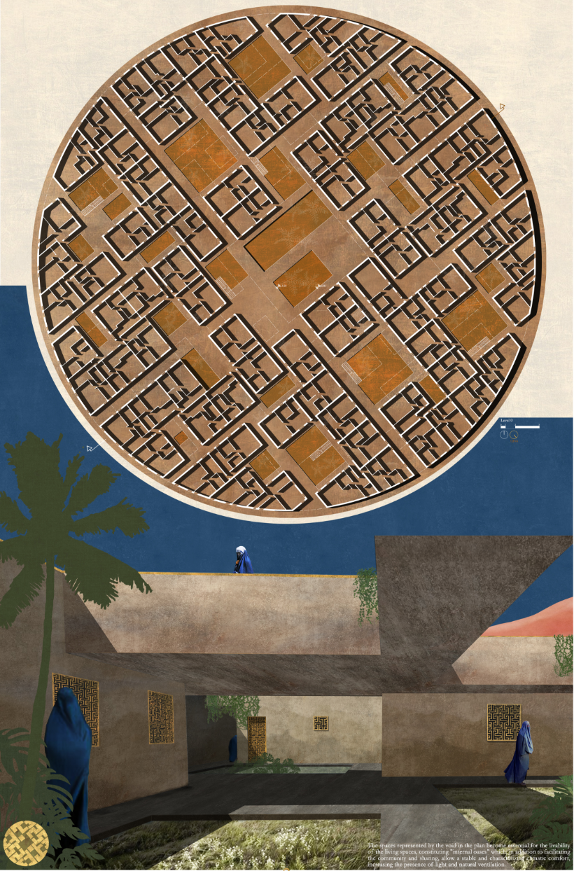 Circular housing plan organizes private homes around shared courtyards and internal communal spaces.