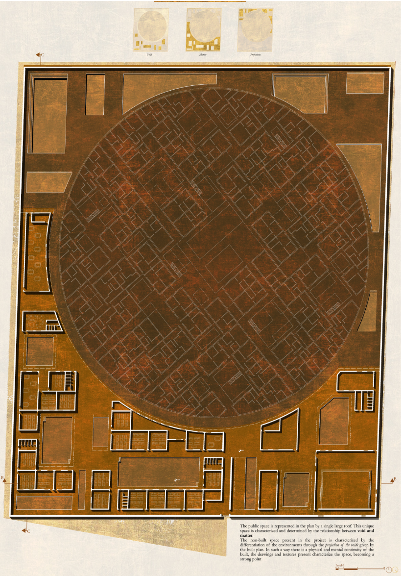 Public and private zones overlap through a clear geometric framework of voids and built form.